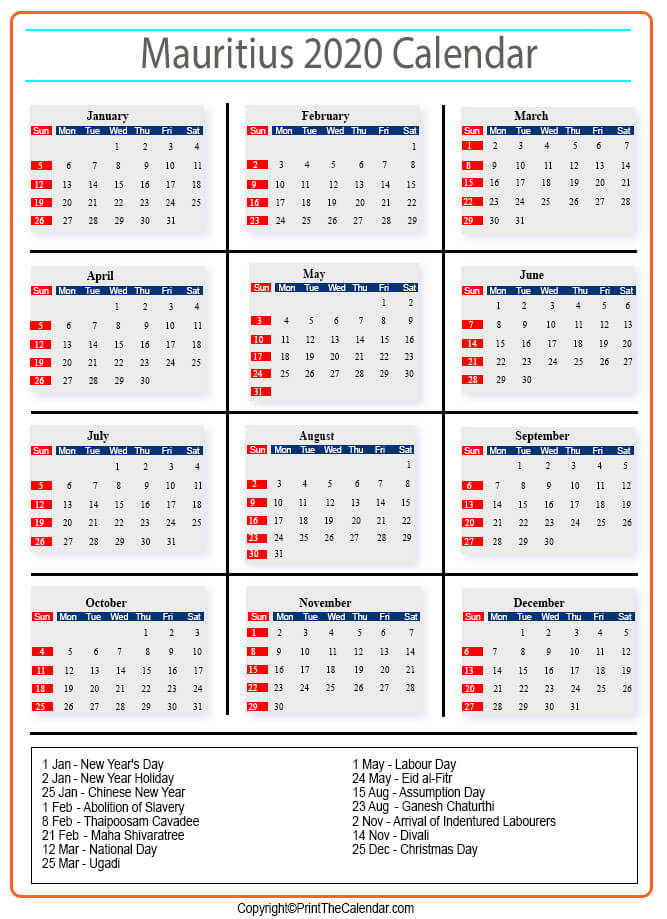Mauritius Calendar 2020
